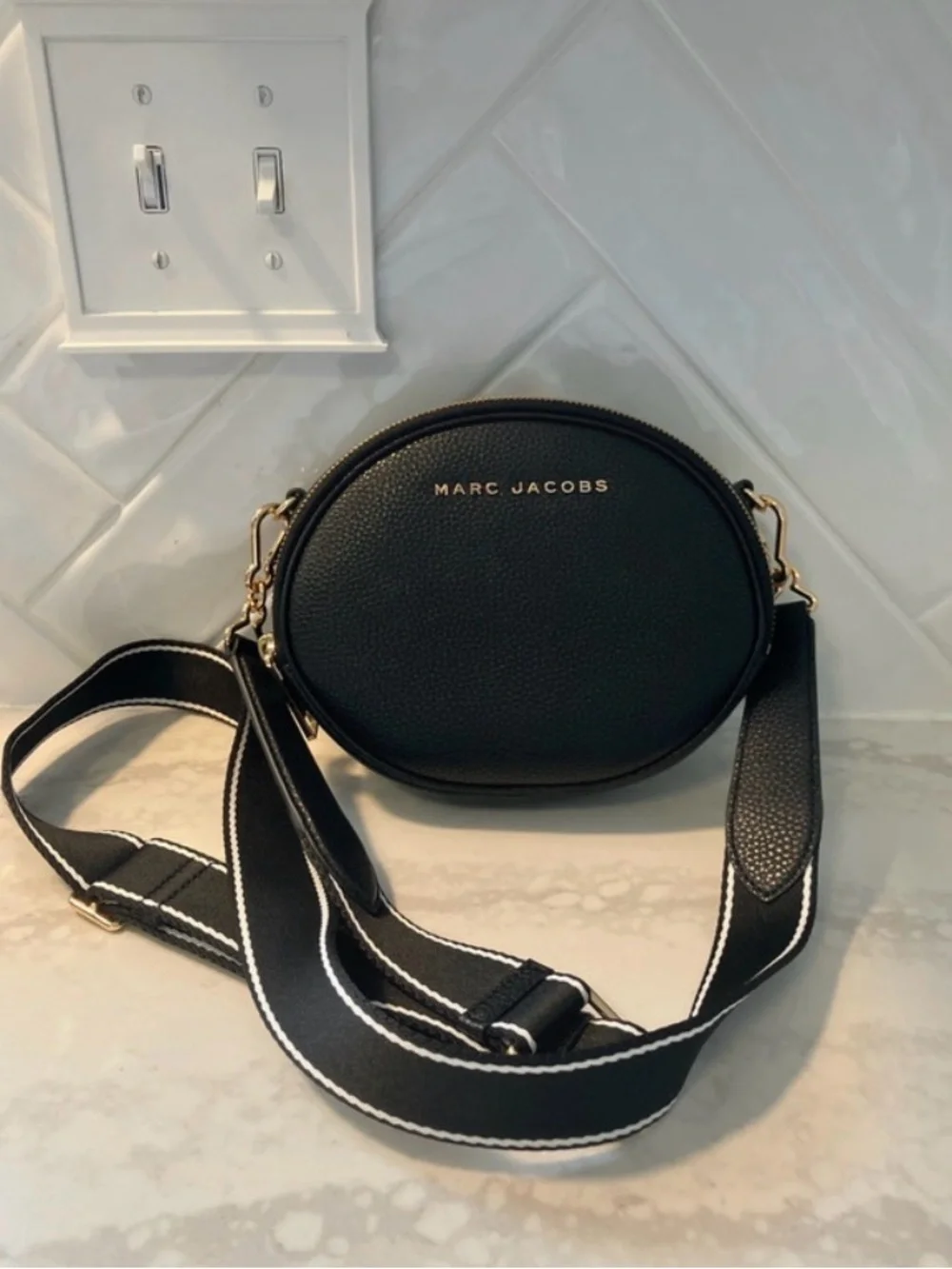 Marc Jacobs Black Pebbled Leather Oval Crossbody with Striped Strap - Picture 1 of 15